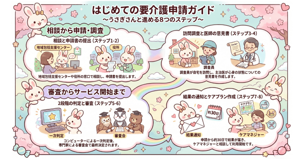要介護認定申請から認定結果までの流れを示すイラスト