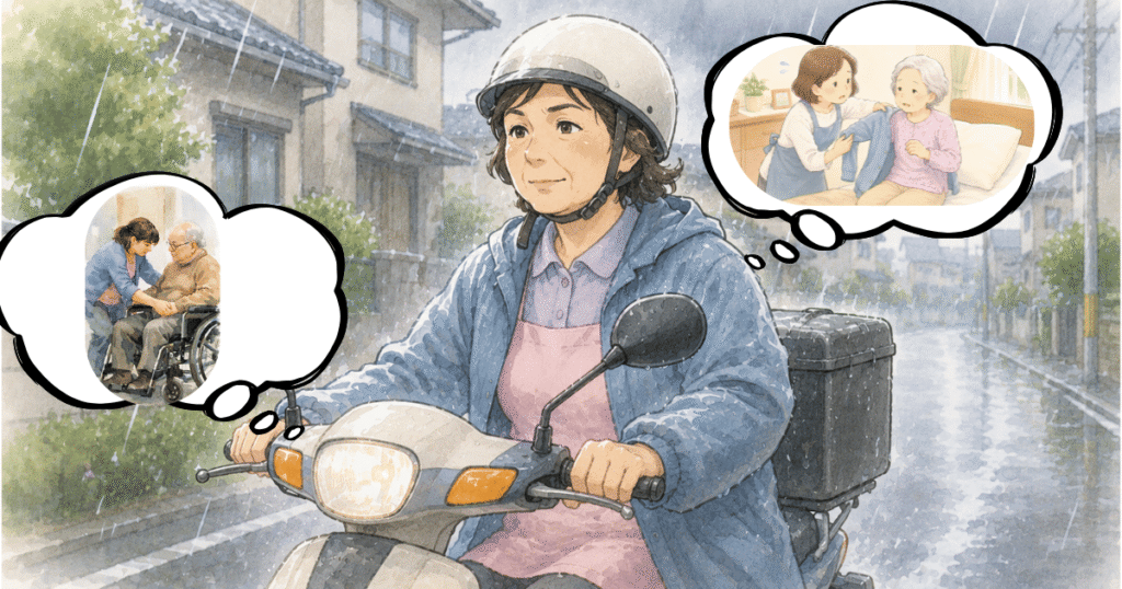 訪問介護のヘルパーさんが、1日、3件〜5件の家を訪問して回っています