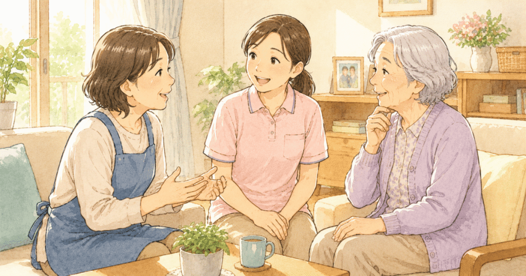 訪問介護でどんなサービスを使うかを説明してもらってる親子