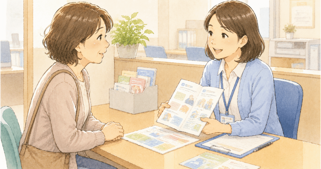 地域包括支援センターの窓口で介護申請の流れの説明を受けてる女性