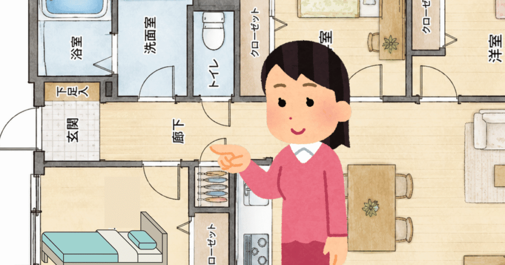 母の部屋からトイレまでの動線を示した間取りイラスト