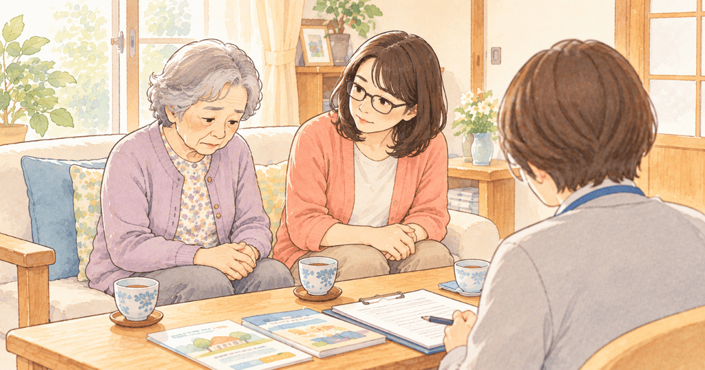 ケアマネジャーとの初めての面談で、少し緊張した表情の母と、母を気づかう娘のイラスト