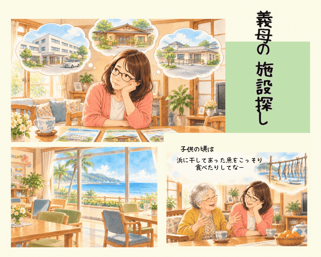 認知症の義母の事業所選びの3コマ漫画。悩む嫁、浜辺で干した魚の思い出を話す義母、海の見える事業所の窓。