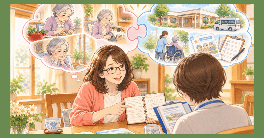 家族とケアマネジャーが情報を共有するイラスト。母の日常と介護サービスの情報が、パズルのようにつながっている。